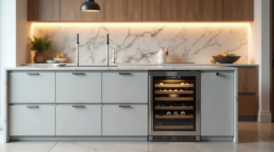 Cuisine moderne avec cave à vin encastrée intégrée sous le plan de travail, finition acier inoxydable, ambiance élégante et épurée