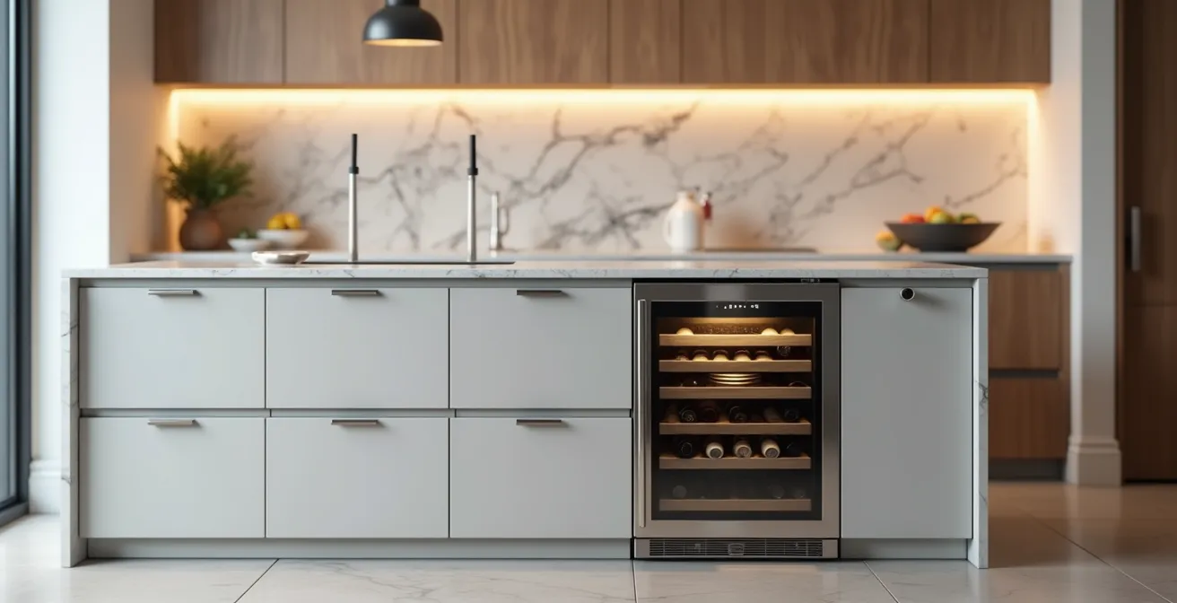 Cuisine moderne avec cave à vin encastrée intégrée sous le plan de travail, finition acier inoxydable, ambiance élégante et épurée