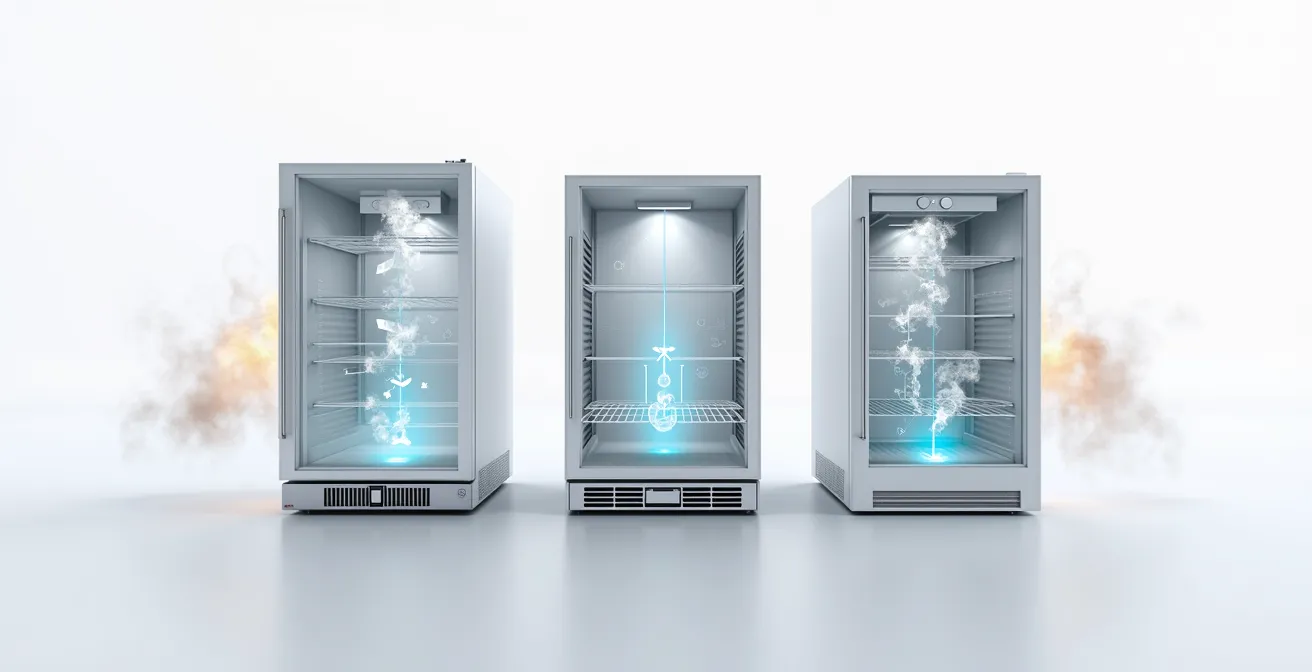 Schéma comparatif des trois types de ventilation pour caves à vin encastrables : plinthe avant, arrière et ventilation intégrée