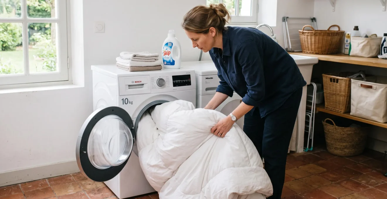 Une personne glisse une grande couette dans le tambour d'un lave-linge domestique.