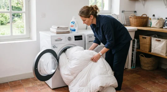 Une personne glisse une grande couette dans le tambour d'un lave-linge domestique.