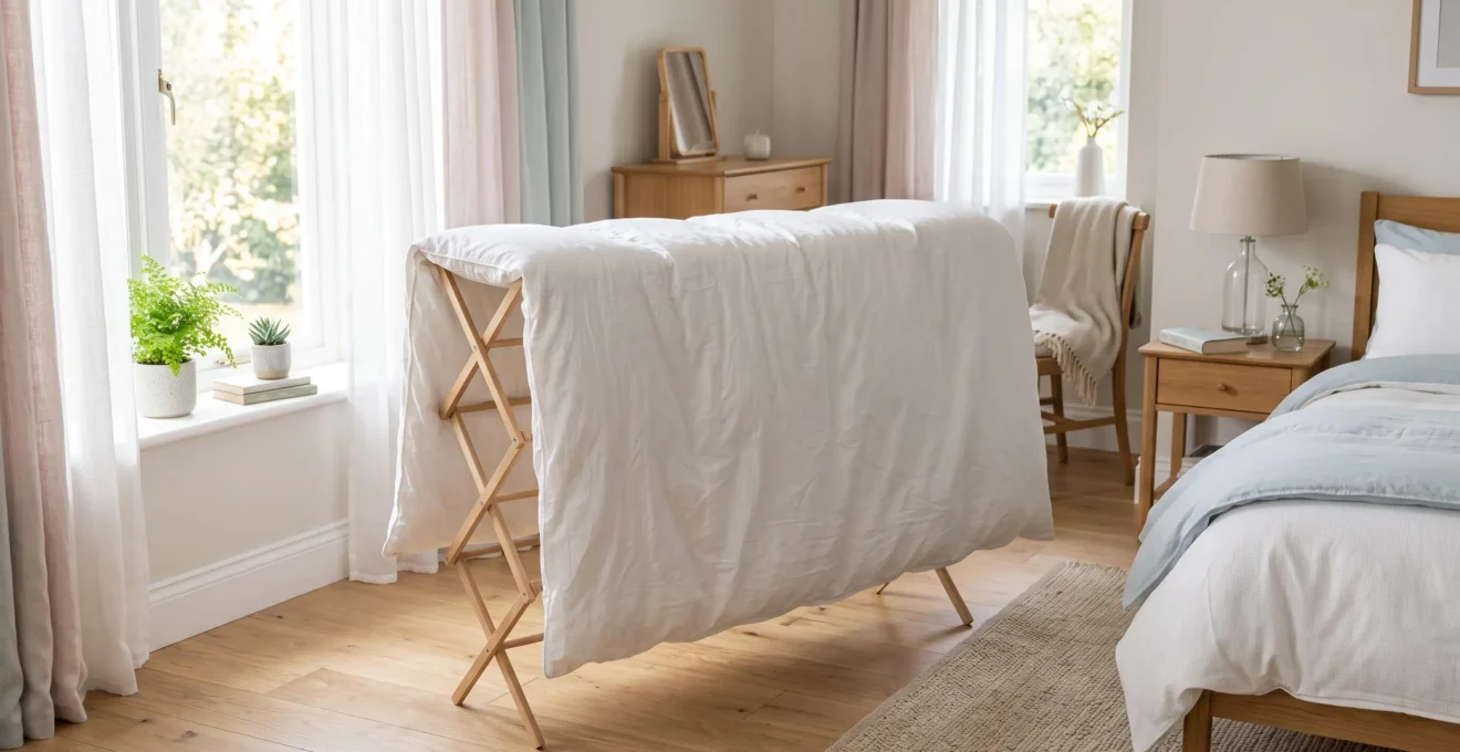 Une couette propre sèche à plat sur un étendoir dans une chambre lumineuse.