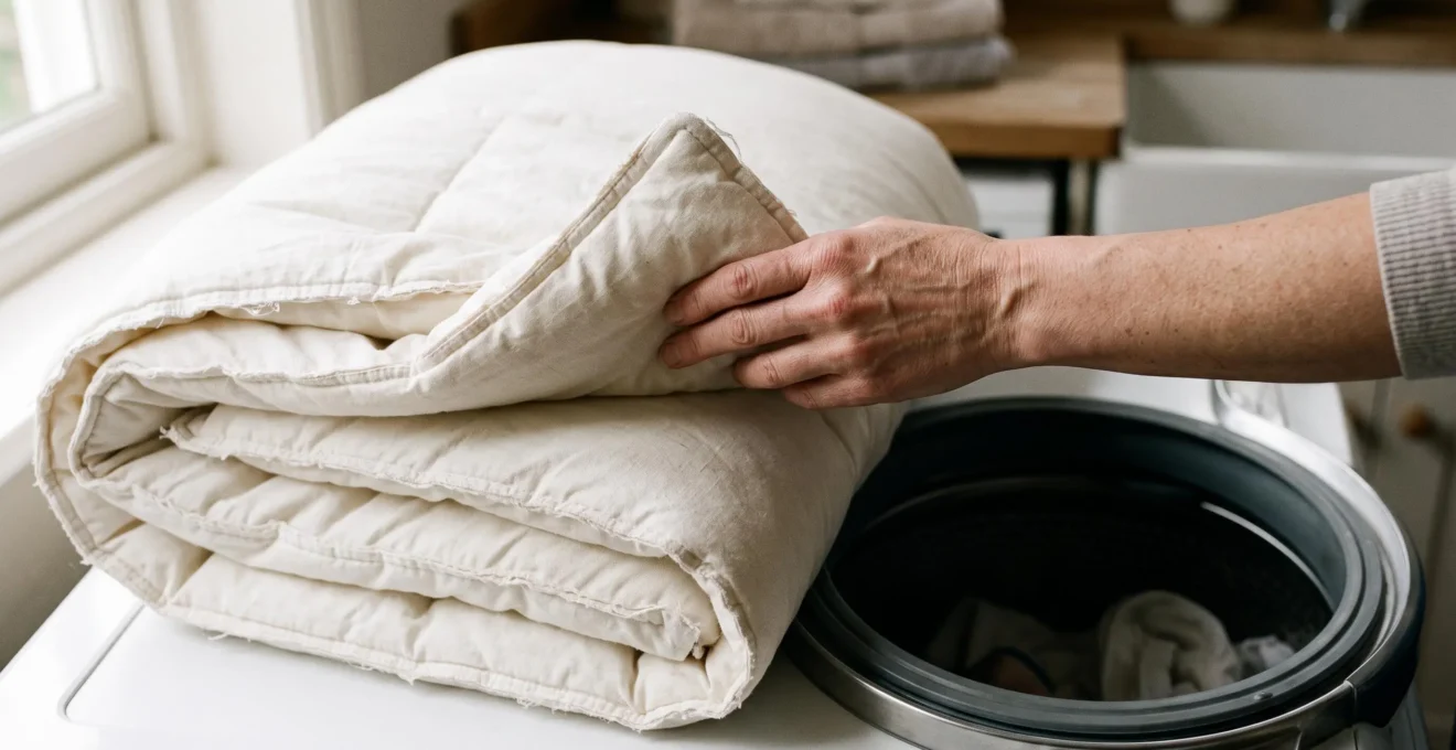 Gros plan sur une couette pliée à côté du tambour ouvert d'un lave-linge.