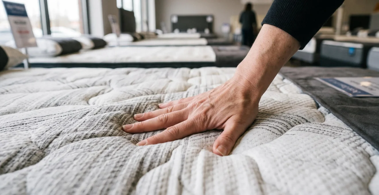 Une main appuie sur la surface d'un matelas pour tester sa fermeté en magasin.