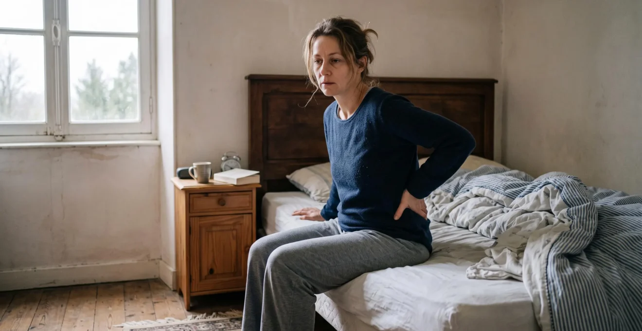 Une personne assise au bord du lit appuie une main sur son bas du dos au réveil.