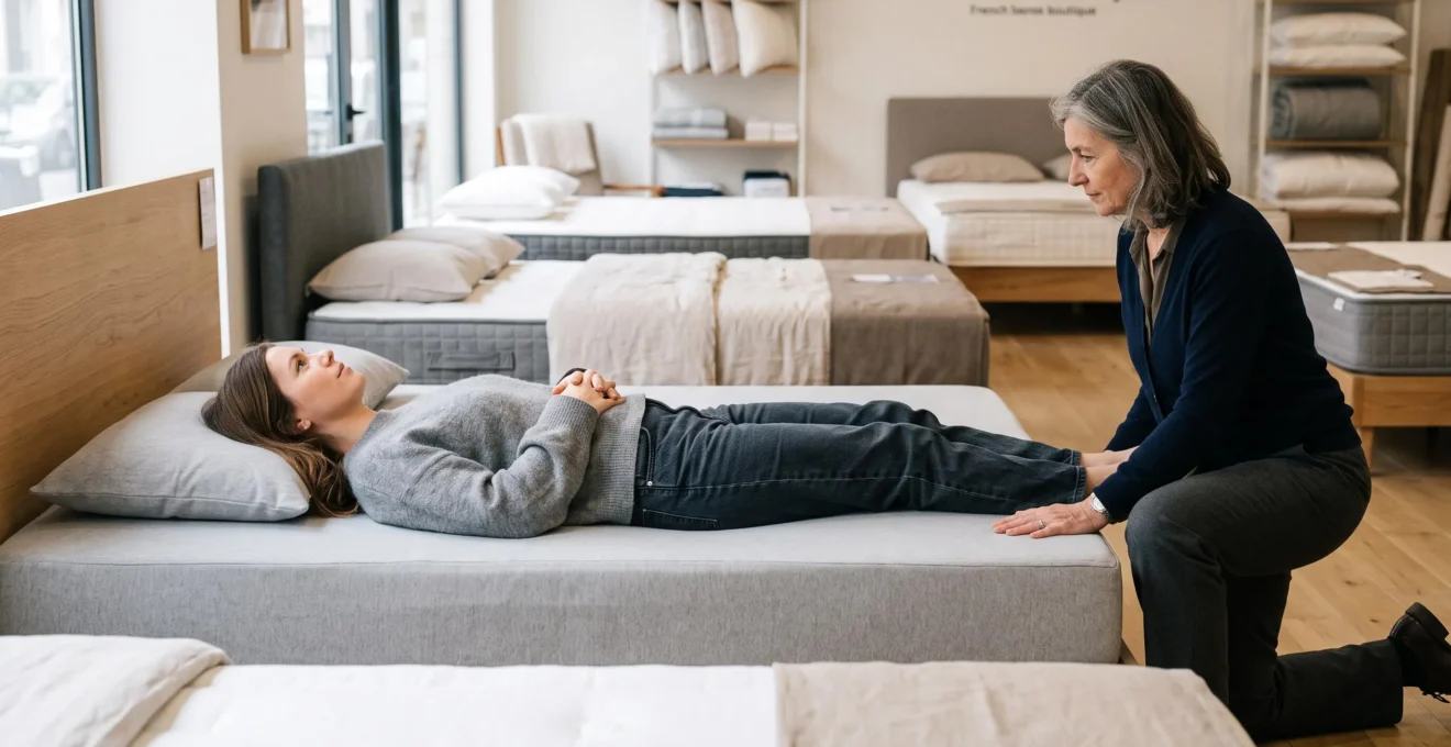 Une conseillère observe l'alignement du dos d'une cliente allongée sur un matelas en magasin.