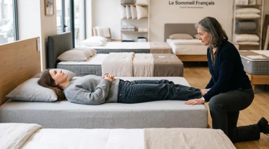 Une conseillère observe l'alignement du dos d'une cliente allongée sur un matelas en magasin.